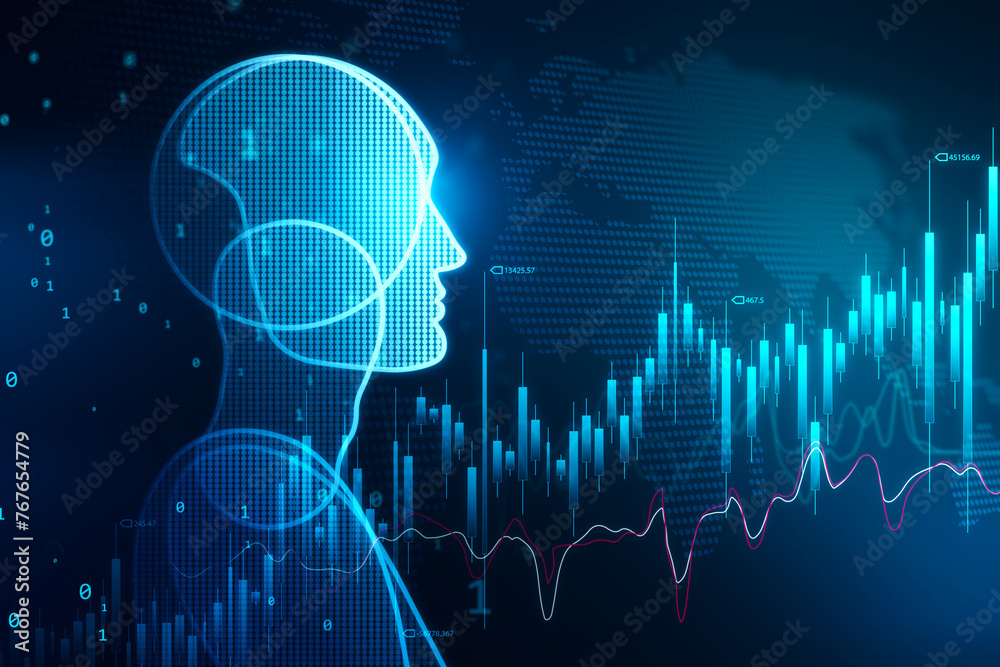 Poster Silhouette of a human head with digital brain concept, digital graphics on a dark blue background, illustrating artificial intelligence. 3D Rendering