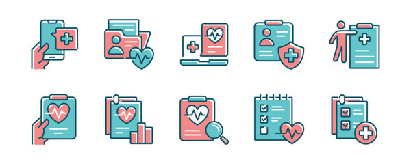 online medical diagnosis report icon set medicine prescription document health care treatment clipboard vector illustration for web and app