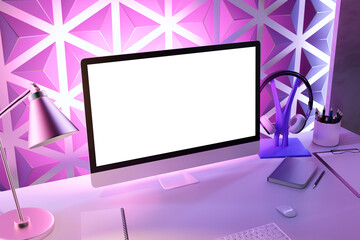 A modern workspace with computer screen, headphones, desk lamp, and stationery, illustrated in a vibrant purple tone, on a geometric pattern background. 3D Rendering