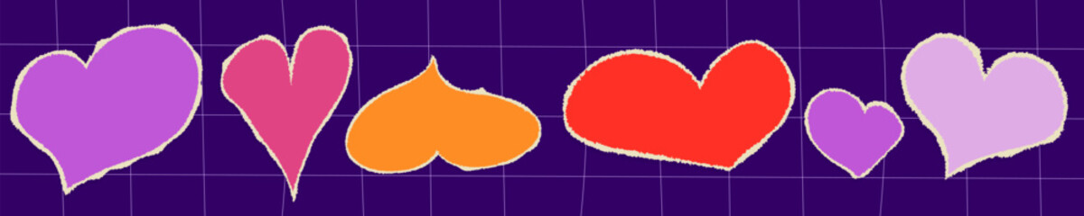 Set of tear paper hearts. Cut color heart with torn edge. Shape love doodle scrap. Vector illustration