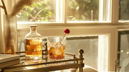 Retro-inspired scene with vintage cocktails served on a classic bar cart