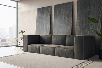 Side view of modern living room interior with sofa, window with city view, coffee table and decorative wooden planks leaning on wall. 3D Rendering.
