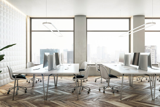 Modern office interior with desks, chairs, computers, and large windows overlooking the city, clean design, on wooden floor, concept of a corporate workplace. 3D Rendering