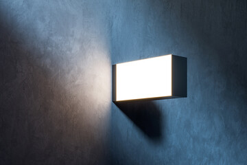 Illuminated rectangular sign mockup glowing against a textured wall at night. 3D Rendering