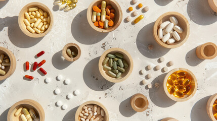Various vitamin pills, herbs, tablets and dietary supplements with natural formulations, flat lay