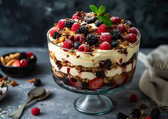Trifle, a dessert in a glass, close-up, ultra realistic food photography