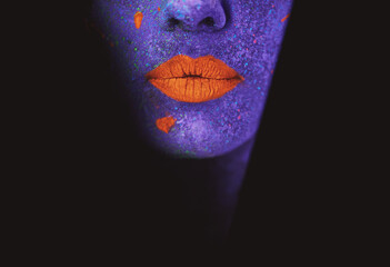 Lips, neon and surreal paint for creative, art and glitter for unique psychedelic glow. Face, woman...