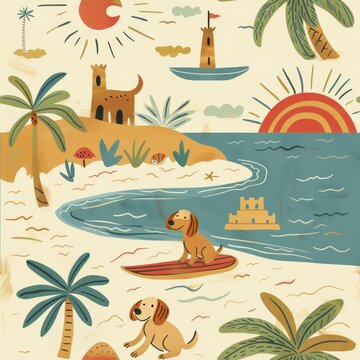 A colorful drawing of a beach scene with dogs and a surfboard. Scene is playful and fun