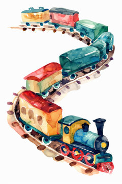 Watercolor vintage children toy miniature round railway with train isolated on white background Hand drawn illustration sketch, watercolor illustration 