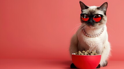 A chic Siamese cat wearing a pearl necklace and cat-eye glasses, sitting elegantly beside a bowl of gourmet cat cuisine on a refined solid background.