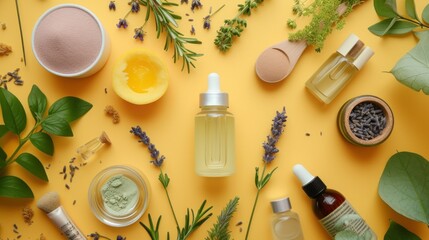 Skin Care products and orange plant leaves on yellow background, flat lay, copy space. Seasonal beauty routine and organic cosmetic concept