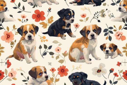 A group of puppies are sitting in a pattern of flowers. The puppies are of different sizes and colors, and they are all sitting in a row. The image has a playful and cheerful mood