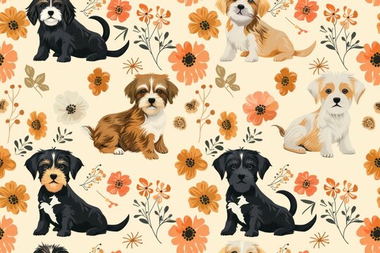 A pattern of dogs with flowers in the background. The dogs are all different colors and sizes. The image has a playful and cheerful mood