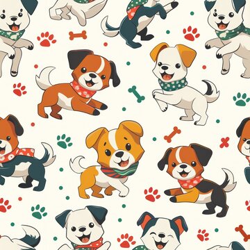 A collection of cartoon dogs wearing bandanas and playing with bones. The dogs are all different colors and sizes, and they are all smiling. The image has a cheerful and playful mood