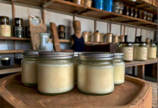 Tallow fat in glass jars in shop