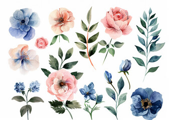 Watercolour floral illustration set DIY blush pink blue flower, green leaves individual elements collection - for bouquets, wreaths, wedding invitations, anniversary, birthday, postcards, greetings,  