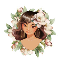 Cute portrait of young beautiful woman with flowers. Spring illustration.