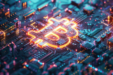 Bitcoin over a microprocessor in a motherboard. Virtual cryptocurrency concept