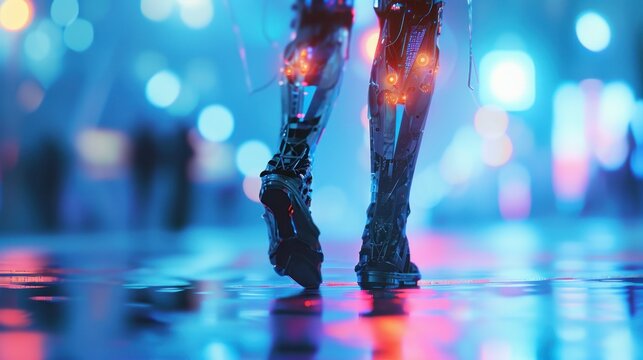The legs of a cyborg woman in close-up. A robot walks down the street in neon light at night
