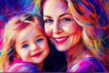 Portrait of mother and daughter in colorful chaotic wax crayon drawing style - obrazy, fototapety, plakaty