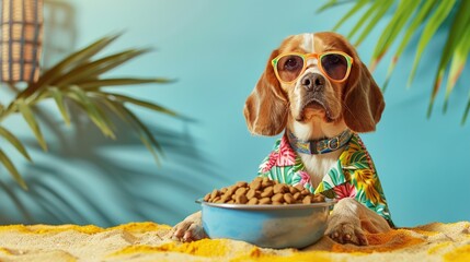 A laid-back beagle wearing sunglasses and a Hawaiian shirt, relaxing next to a bowl of beach-inspired dog food on a sandy solid background with a tropical vibe.