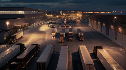  In the well-lit parking lot yard, a convoy of trucks is neatly lined up amidst modern warehouse...