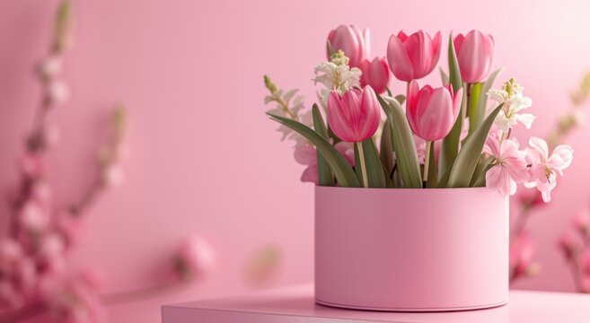 Mother's Day decorations concept. Top view photo of trendy gift boxes with ribbon bows and tulips on isolated pastel pink background