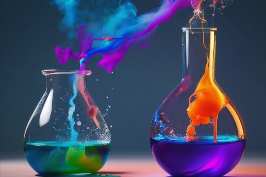 Chemistry flasks in colorful chaotic wax crayon drawing style