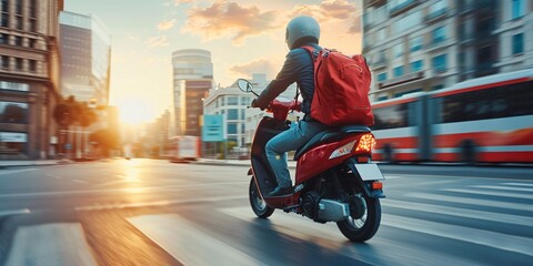 A food delivery courier on a red motor scooter is swiftly delivering goods to customers.