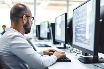 Fototapeta premium Man at computer, software developer working on coding script or cyber security in bright modern office 