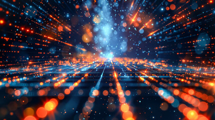 Fototapeta premium Abstract digital background with blue and orange lights, a grid network on a dark backdrop. Big data technology concept in the style of bokeh effect. Digital wallpaper for design presentation or bann