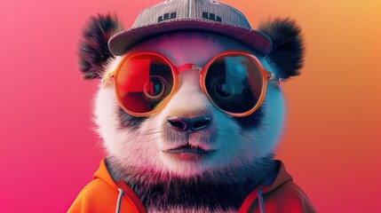 A playful panda wearing oversized glasses and a baseball cap, against a whimsical solid background...