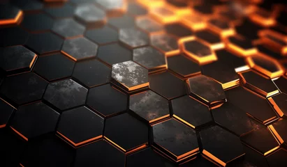 Fotobehang Abstract metallic texture hexagon pattern with glowing orange red flame on black grey background technology style. Modern futuristic honeycomb concept. © ribelco