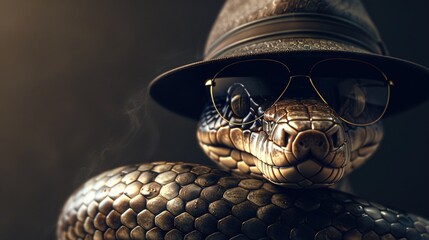 A suave snake wearing a fedora and sunglasses, against a sleek solid background with a touch of noir mystery. - obrazy, fototapety, plakaty