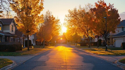 Fototapeta premium Tranquil residential road with homes and autumnal foliage at dusk.