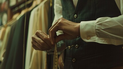 A seamstress using a measuring tool.