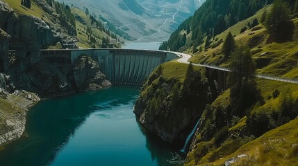 A sustainable hydroelectric power plant in the Swiss Alps, using a dam and reservoir lake to reduce carbon emissions and combat global warming, seen from above during summer.
