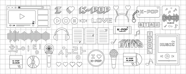 Big contour set of k-pop stickers in trendy y2k style. Old computer aesthetics from the 90s, 00s. Vector illustration for coloring - obrazy, fototapety, plakaty