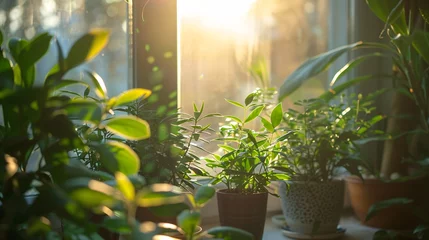 Foto op Plexiglas Fresh leaves of houseplants basking in the early sunlight. © ckybe