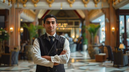 Energetic Indian bellhop in opulent hotel entrance. - obrazy, fototapety, plakaty