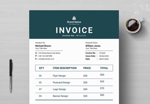 Invoice Layout With Dark Blue Header
