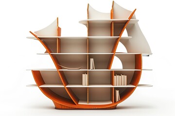 elegant white and orange wooden bookshelf with cruise ship shape isolated on white