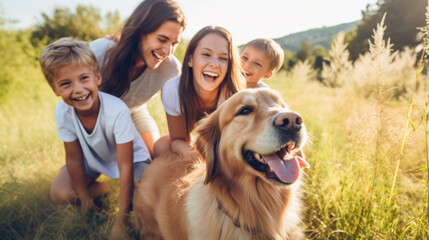 Happy family with with kids playing outside in a field with their family dog. Camping, travel, hiking