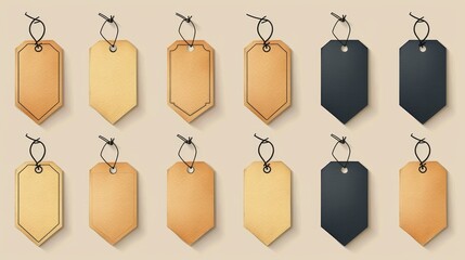 A set of empty price tags of different shapes. Empty paper labels. A collection of paper tags. illustration.