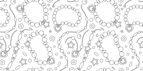 Pattern from beads bracelets black and white. Cartoon bracelets seamless pattern. Children's plastic jewelry on wrist. Retro bracelets pattern on white background. - obrazy, fototapety, plakaty