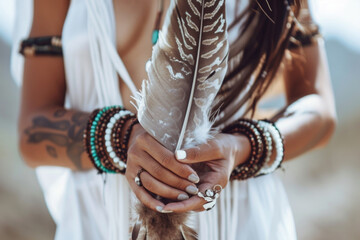 Woman with boho jewelry holding a feather in her hands close up	
