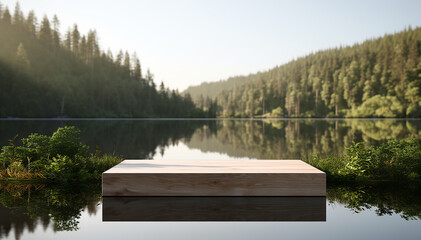 Framed wood podium stage for product on forest lake background. Template wooden display stand on seaside. Stylish products showcase with copy space. Modern blank display pedestal mockup. Visual scene