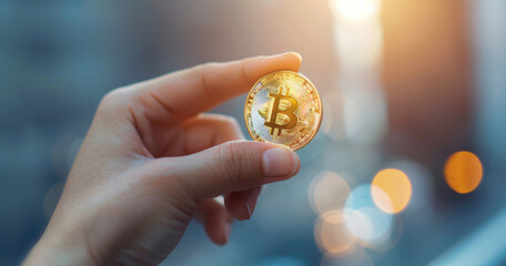 Close-up of a female hand holding bitcoin, blurred city street lights in background