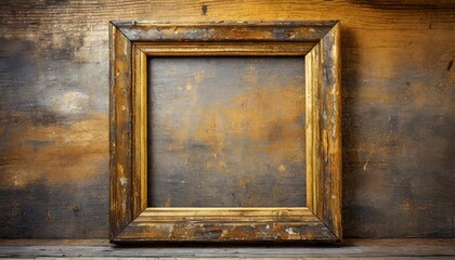 a rustic grunge gold wooden frame featuring worn-out surfaces and rugged textures, reminiscent of aged timber found in abandoned buildings or forgotten treasures. Utilize earthy tones and subtle metal