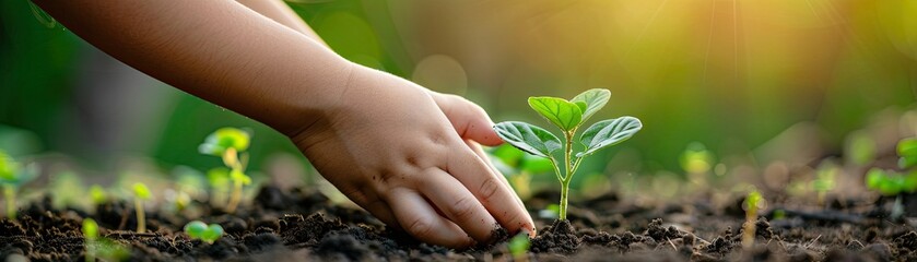 A heartwarming image of a child's hands planting a seedling, teaching about environmental science and responsibility, - obrazy, fototapety, plakaty